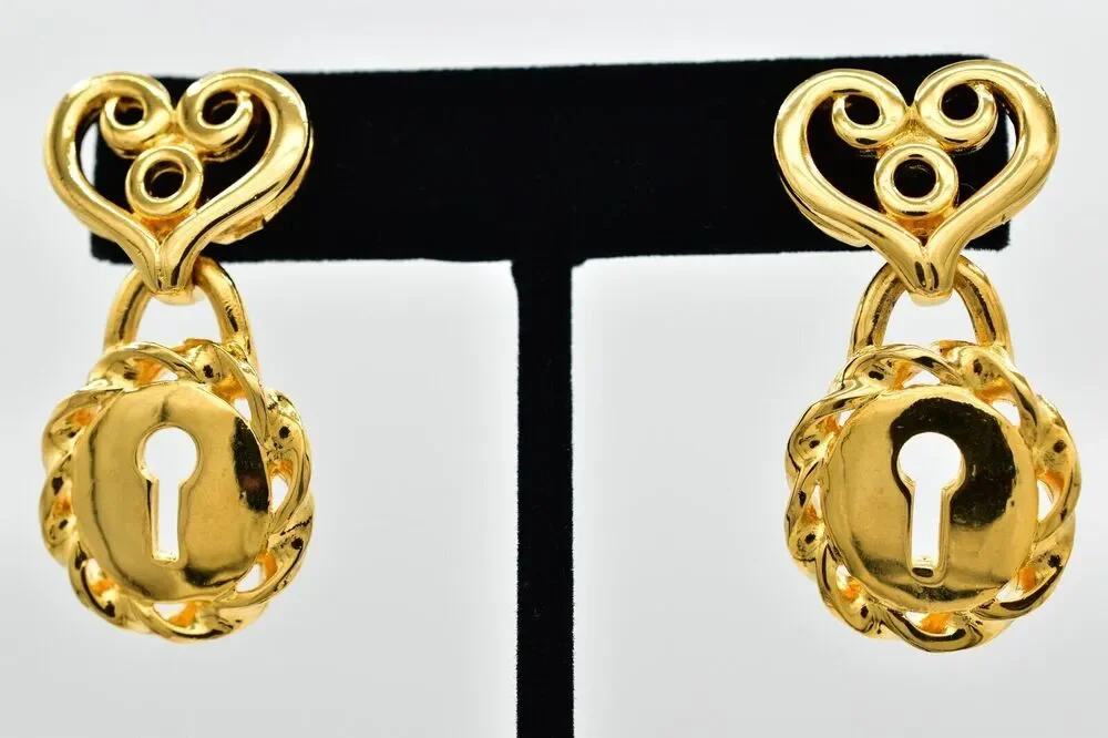 Givenchy Vintage Heart Lock Earrings Gold Tone Dangle Chunky Signed 1980s BinBK